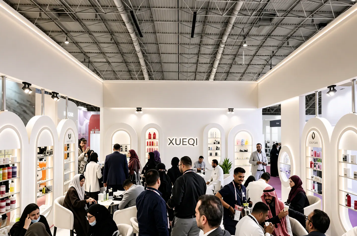 Trade show booth meeting with visitors and beauty product packaging samples